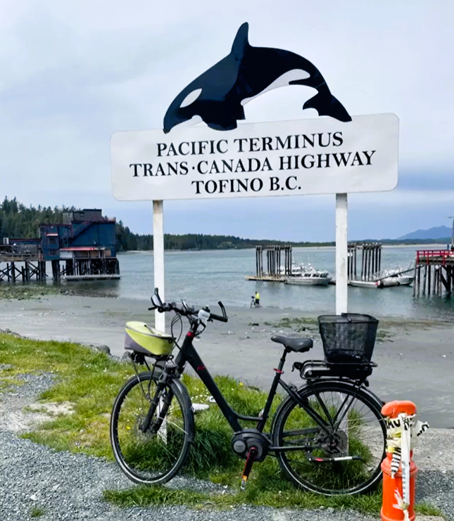 biker with back pedal in the Pacific Ocean